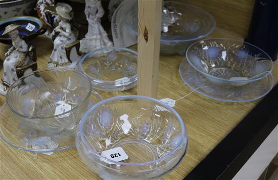 A collection of Jobling Art Deco opalescent glassware, including a Koi Carp salad bowl, No. 796188, largest diameter 27cm height 11cm